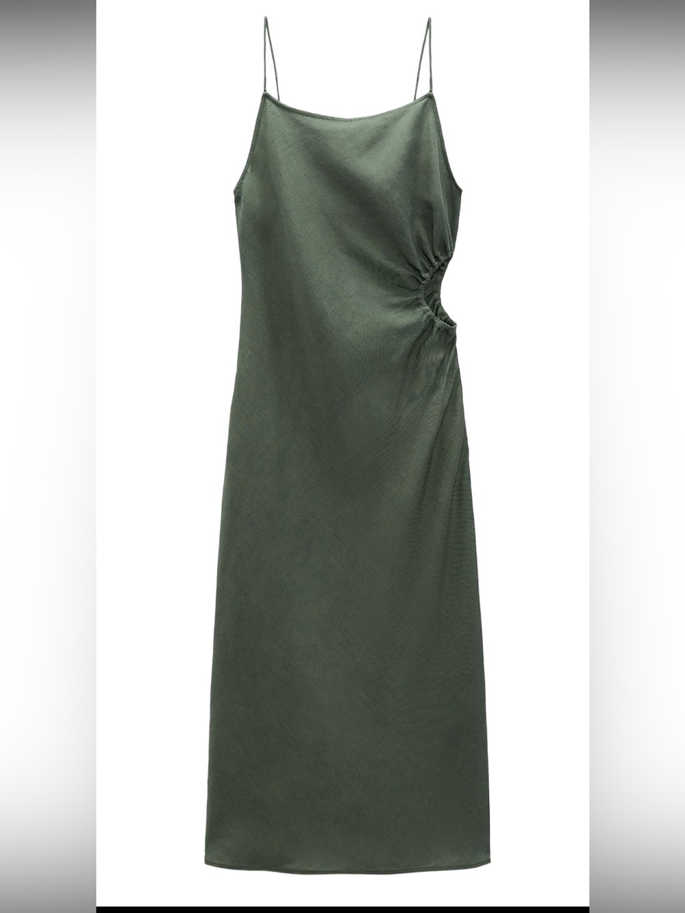 Zara Olive Linen blend Midi Dress with waist Side Ruched Cutout XS